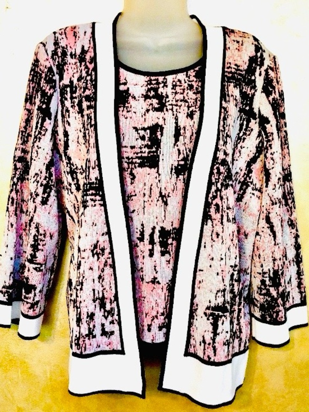 Ming Wang Abstract Pink/ Black Cardigan Jacket & Tank Top Like NEW Petite Large